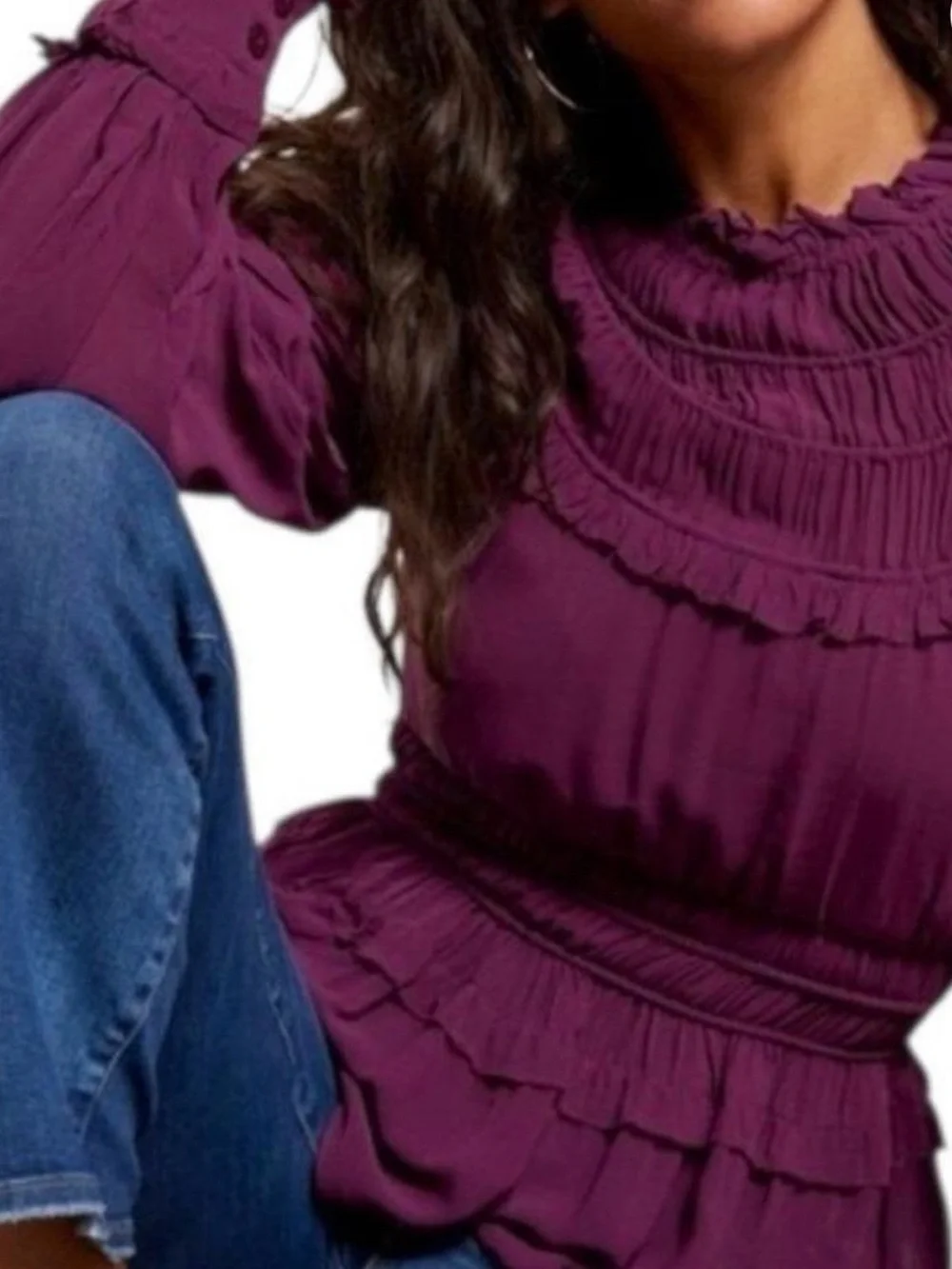 FARM Rio Plum Purple Ruffled Smocked Peasant Blouse